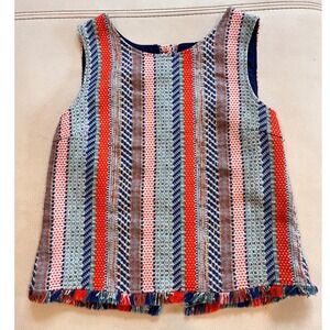 DREW Women Multi Color Striped Tweed Fringe Hem Button Back Shell Top Size M